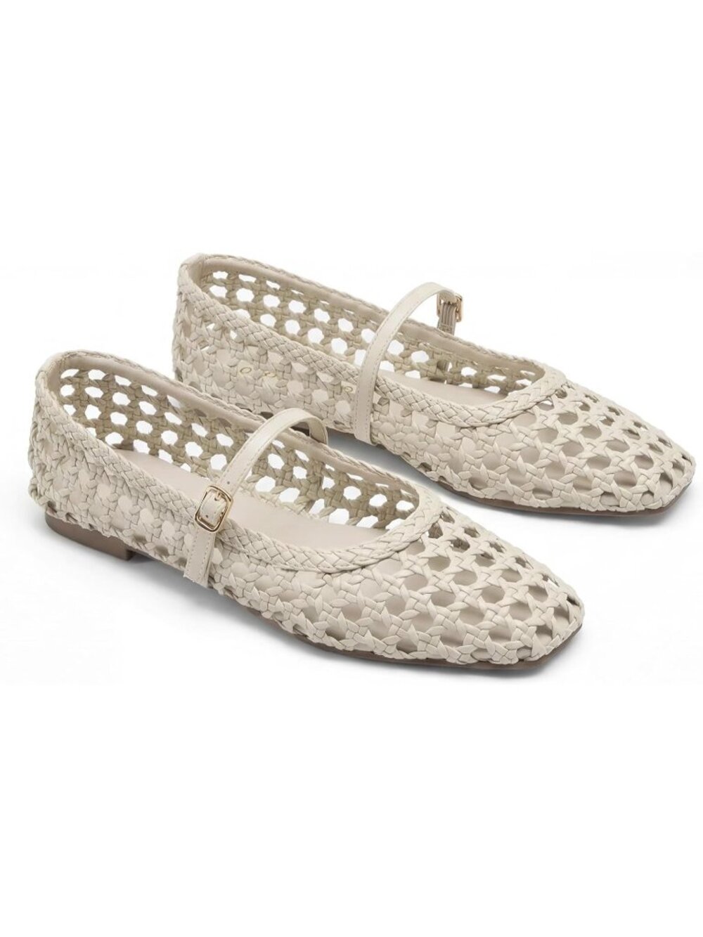 Women's Woven Mesh Ballet Flats Beige Square Toe Mary Jane Dressy Shoes - Picture 4 of 6